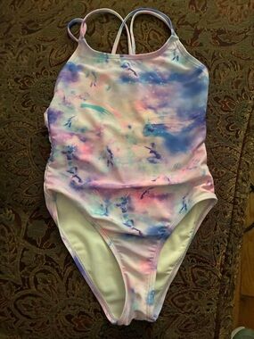 Girls' Pastel Watercolor One-Piece Swimsuit - Pink, Purple & Blue